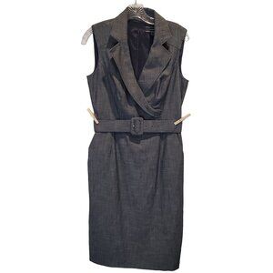 Le Chateau Sleeveless Denim Blue Gray Dress with Pockets and Belt Women's Medium